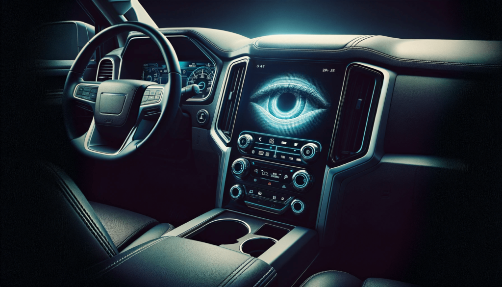 The-drivers-seat-of-a-2017-Tahoe-with-a-digital-eye-on-the-radio-display-noting-Secrets-on-Wheels-The-Truth-of-Car-Data-Surveillance