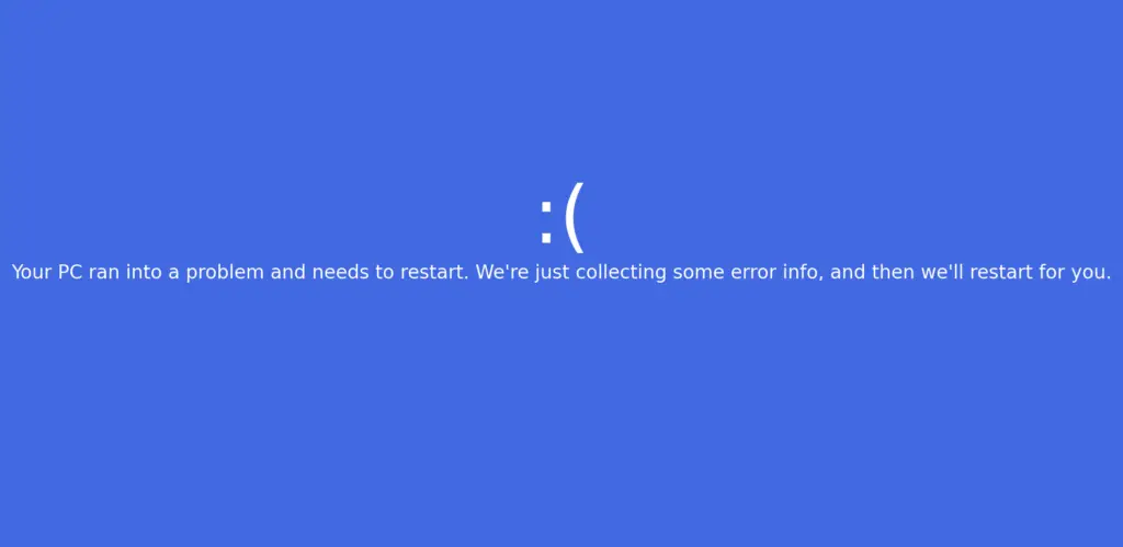 mage showing the Blue Screen of Death (BSOD) error on Windows 10 caused by a CrowdStrike update, with the message 'Your PC ran into a problem and needs to restart. We're just collecting some error info, and then we'll restart for you.'