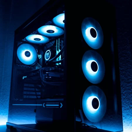 Blue lit Custom Gaming Computer with 7 Fans.